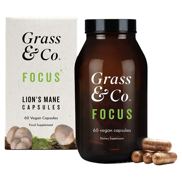 Grass & Co. FOCUS Lion's Mane Mushrooms with Ginseng + Omega-3 60 Vegan Capsules